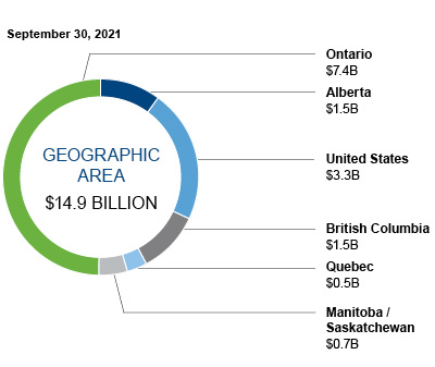 This pie chart shows the breakdown of the real estate portfolio by geographic area.