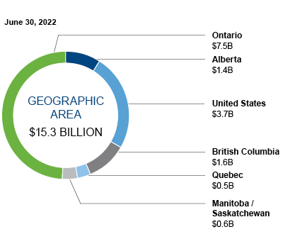 This pie chart shows the breakdown of the real estate portfolio by geographic area.