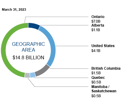 This pie chart shows the breakdown of the real estate portfolio by geographic area.